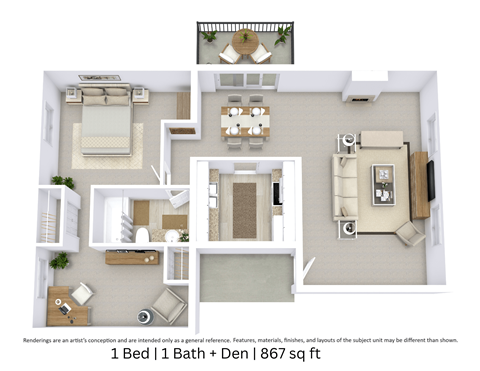 Floor plan for 1 bed, 1 bath, 867 sqft